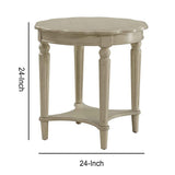 Benzara Wooden End Table with Scalloped Round Top and Turned Legs, Antique White BM154599 White Solid Wood and MDF BM154599