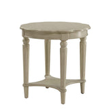 Benzara Wooden End Table with Scalloped Round Top and Turned Legs, Antique White BM154599 White Solid Wood and MDF BM154599