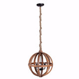 Benzara Wood Cutout Sphere Chandelier With Rope Hanger, Brown BM154663 Brown  Fir wood Iron BM154663