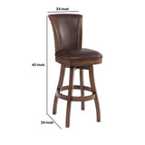 Benzara Wooden Counter Stool with Swivel Leatherette Seat and Backrest, Brown BM155608 Brown Solid Wood and Faux Leather BM155608