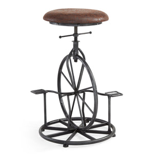 Benzara Unicycle Design Metal Adjustable Barstool with Round Seat, Gray and Brown BM155635 Gray, Brown Metal, Fabric BM155635