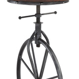 Benzara Unicycle Design Metal Adjustable Barstool with Round Seat, Gray and Brown BM155635 Gray, Brown Metal, Fabric BM155635