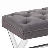 Benzara Button Tufted Fabric Ottoman Bench with X Shaped Acrylic Legs, Gray BM155670 Gray Solid Wood, Fabric and Acrylic BM155670