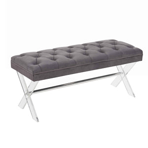 Benzara Button Tufted Fabric Ottoman Bench with X Shaped Acrylic Legs, Gray BM155670 Gray Solid Wood, Fabric and Acrylic BM155670