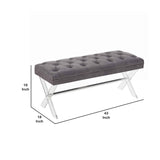 Benzara Button Tufted Fabric Ottoman Bench with X Shaped Acrylic Legs, Gray BM155670 Gray Solid Wood, Fabric and Acrylic BM155670