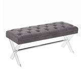 Button Tufted Fabric Ottoman Bench with X Shaped Acrylic Legs, Gray