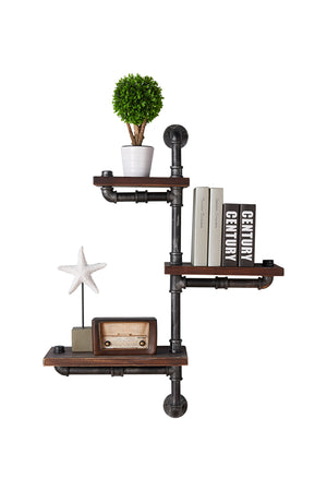 Benzara Metal Body Floating Three Wall Shelves with Pipe Design, Gray and Brown BM155699 Gray and Brown Solid Wood and Metal BM155699