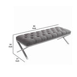 Benzara Fabric Upholstered Button Tufted Bench with X Shaped Metal Legs, Gray BM155798 Gray Fabric, Metal BM155798