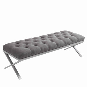 Benzara Fabric Upholstered Button Tufted Bench with X Shaped Metal Legs, Gray BM155798 Gray Fabric, Metal BM155798