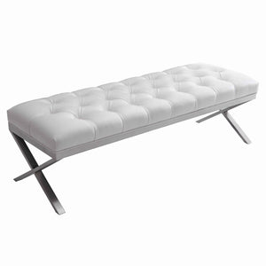 Benzara Leatherette Button Tufted Padded Bench with X Shaped Metal Legs, White BM155799 White Leatherette, Metal BM155799