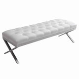 Leatherette Button Tufted Padded Bench with X Shaped Metal Legs, White