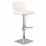 Wooden Back Faux Leather Barstool with Stitching Details, White and Silver