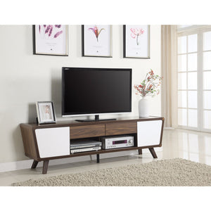 Benzara Glittering Two-Tone Mid-Century Modern TV Stand, White and Brown BM156155 White and Brown SOLIDWOOD BM156155