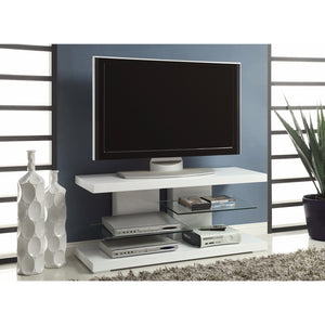 Benzara Charming white tv console with Alternating Glass Shelves BM156158 WHITE Mdf BM156158