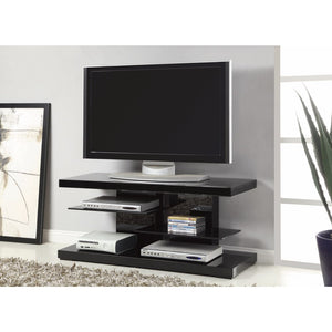 Benzara Scintillating Modern TV Stand with Alternating Glass Shelves, Black BM156161 BLACK GLASS BM156161