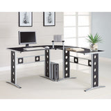 Benzara Captivating L Shape Black Computer Desk with Silver Frame BM156229 BLACK AND SILVER METAL BM156229