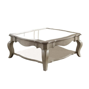Benzara 18 Inch Glass Top Wooden Coffee Table, Antique Taupe BM156824 Brown Solid Wood, Glass BM156824