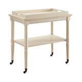 Benzara 32 Inch 2 Tier Wooden Tray Table with Casters, Antique White BM157309 White Solid Wood BM157309