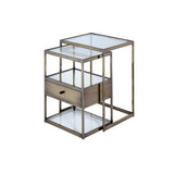 Benzara Metal and Glass 2 Piece Nesting Table Set, Brown and Clear BM157311 Brown, Clear Glass, Metal, Solid Wood BM157311
