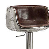 Benzara Comfy Adjustable Stool with Swivel, Vintage Brown & Silver BM157314 Vintage Brown &Silver TopGrainLeatherFoamFiberglassAluminumMetalTube BM157314