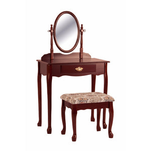 Benzara Vanity Table And Stool Set With Oval Mirror, Cherry Brown BM157901 Cherry Brown Wood BM157901