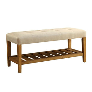 Benzara Wooden Bench, Beige & Oak BM158809 Beige & Oak Brown Polyester Fabric MDF Wood Veneer Solid Wood Leg BM158809