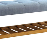 Benzara Wooden Bench, Blue & Oak BM158810 Blue & Oak Brown Polyester Fabric MDF Wood Veneer Solid Wood Leg BM158810