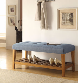 Benzara Wooden Bench, Blue & Oak BM158810 Blue & Oak Brown Polyester Fabric MDF Wood Veneer Solid Wood Leg BM158810