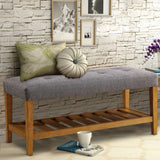 Benzara Wooden Bench, Gray & Oak BM158811 Gray & Oak Brown Polyester Fabric MDF Wood Veneer Solid Wood Leg BM158811