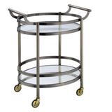 Benzara Oval Shaped Metal Serving Cart with 2 Shelves, Silver BM158855 Silver Metal, Glass BM158855