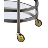 Benzara 26.75 Inch Oval Shaped Metal Serving Cart with 2 Shelves, Brass BM158856 Brass Metal, Glass BM158856