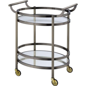 Benzara 26.75 Inch Oval Shaped Metal Serving Cart with 2 Shelves, Brass BM158856 Brass Metal, Glass BM158856