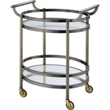 26.75 Inch Oval Shaped Metal Serving Cart with 2 Shelves, Brass