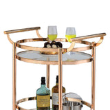 Benzara 27 Inch Oval Shaped Metal Serving Cart with 2 Shelves, Gold BM158857 Gold Metal, Glass BM158857