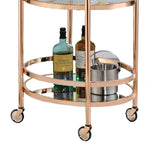 Benzara 27 Inch Oval Shaped Metal Serving Cart with 2 Shelves, Gold BM158857 Gold Metal, Glass BM158857