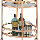 Benzara 27 Inch Oval Shaped Metal Serving Cart with 2 Shelves, Gold BM158857 Gold Metal, Glass BM158857