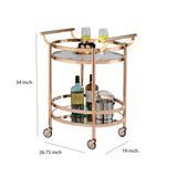 Benzara 27 Inch Oval Shaped Metal Serving Cart with 2 Shelves, Gold BM158857 Gold Metal, Glass BM158857