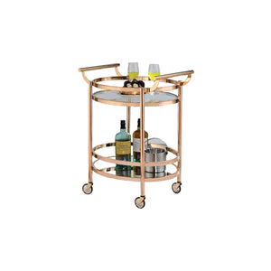 Benzara 27 Inch Oval Shaped Metal Serving Cart with 2 Shelves, Gold BM158857 Gold Metal, Glass BM158857