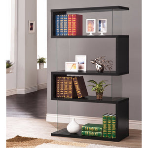 Benzara Asymmetrical Snaking Wooden Bookcase, Black BM159055 Black Wood BM159055