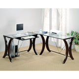 Benzara Sophisticated 3 Piece Desk Set With Glass Top, Clear And Brown BM159063 Clear And Brown Wood and Metal BM159063