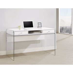 Benzara Contemporary Metal Writing Desk with Glass Sides, Clear And White BM159095 Clear And White Metal BM159095