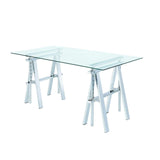 Benzara Adjustable Writing Desk with Sawhorse Legs, Clear And Silver BM159103 Clear And Silver Metal BM159103