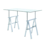 Benzara Adjustable Writing Desk with Sawhorse Legs, Clear And Silver BM159103 Clear And Silver Metal BM159103