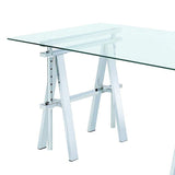 Benzara Adjustable Writing Desk with Sawhorse Legs, Clear And Silver BM159103 Clear And Silver Metal BM159103