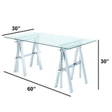 Benzara Adjustable Writing Desk with Sawhorse Legs, Clear And Silver BM159103 Clear And Silver Metal BM159103