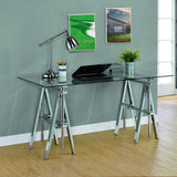 Benzara Adjustable Writing Desk with Sawhorse Legs, Clear And Silver BM159103 Clear And Silver Metal BM159103