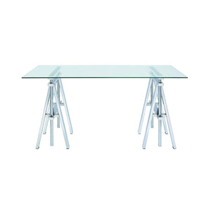 Benzara Adjustable Writing Desk with Sawhorse Legs, Clear And Silver BM159103 Clear And Silver Metal BM159103