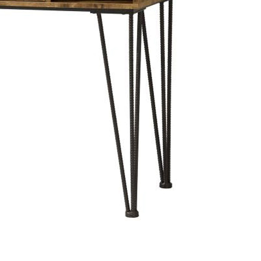 Benzara Mid Century Modern Wooden Writing Desk and 1 Drawer, Brown BM159117 Brown Steel, Paper Veneer, Particle Board and Laminate BM159117