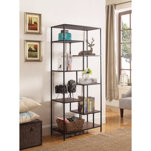 Benzara Metal Framed Bookcase With Open Shelves, Black And Brown BM159122 Black And Brown Wood and Metal BM159122