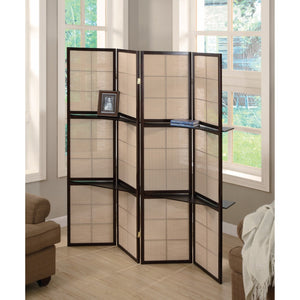 Benzara Stylish Four Panel Folding Screen With Shelves, Brown BM159237 Brown Wood BM159237